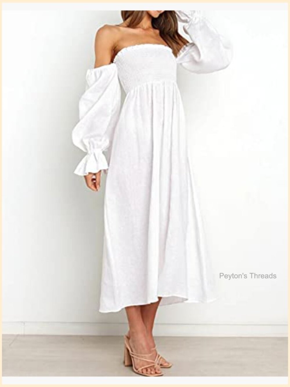 Long Sleeve Smocked Off Shoulder A-Line Midi Dress Casual Flowy - Picture 4 of 7